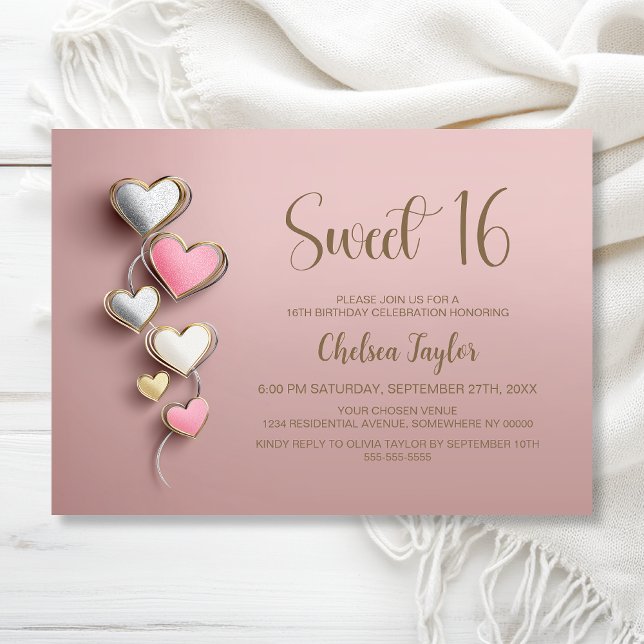 Convites Pink and Silver Heart Theme Sweet 16 Birthday (Criador carregado)