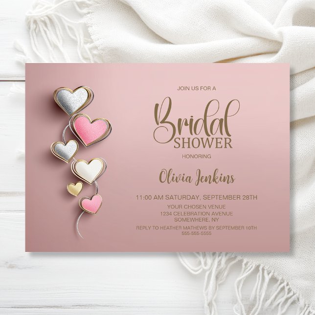 Convites Pink and Silver Hearts Bridal Shower (Criador carregado)