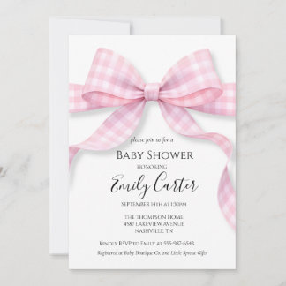 Convites Pink and White Gingham Bow Baby Shower Invitation
