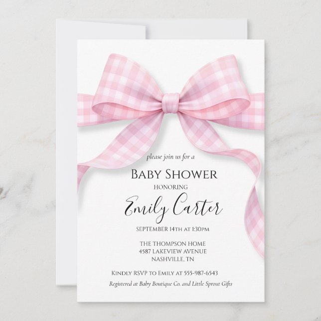 Convites Pink and White Gingham Bow Baby Shower Invitation (Frente)
