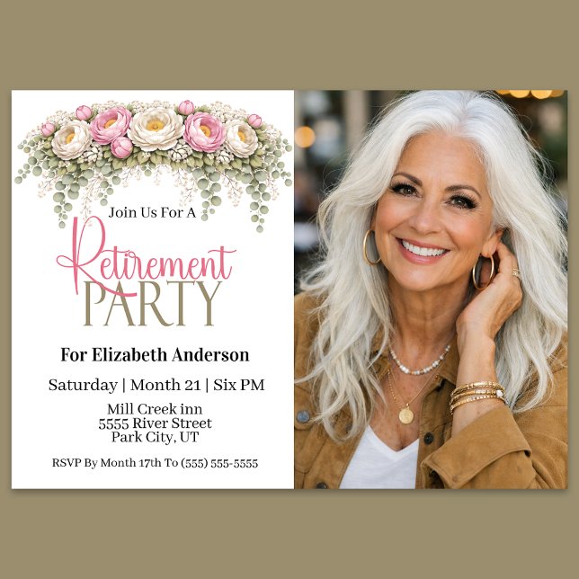 Convites Pink and White Peony Retirement Party (Elegant pink and white floral retirement party invitation)