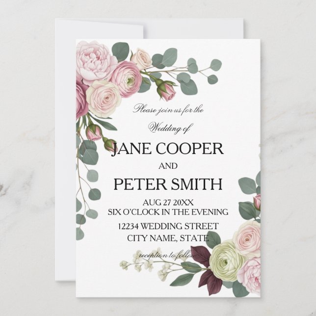 Convites Pink and white roses Budget Wedding Invitation (Frente)