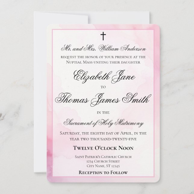 Convites Pink and White Watercolor Catholic Wedding (Frente)