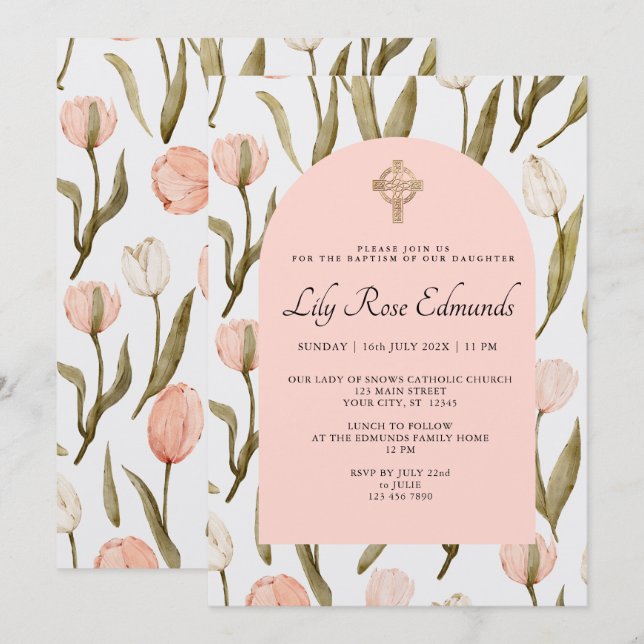 Convites Pink and White Watercolor Tulips Baptism Invitatio (Frente/Verso)