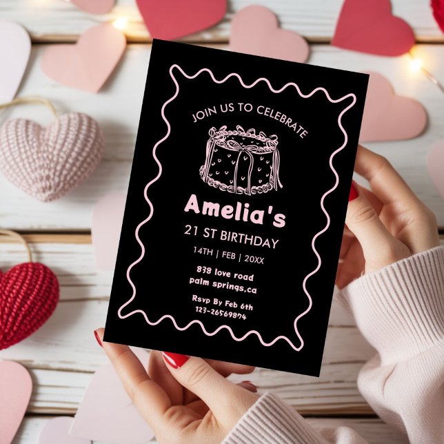 Convites Pink and white Wavy Birthday hand drawn cake (Criador carregado)