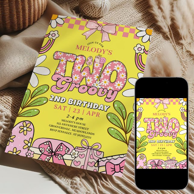 Convites Pink and Yellow Daisy 2nd Birthday Retro Birthday (Criador carregado)