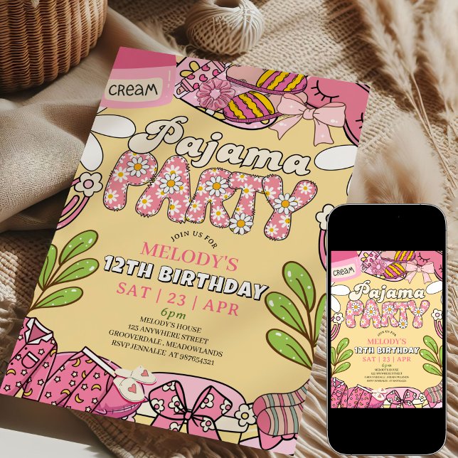 Convites Pink and Yellow Daisy Pajama Party Birthday  (Criador carregado)