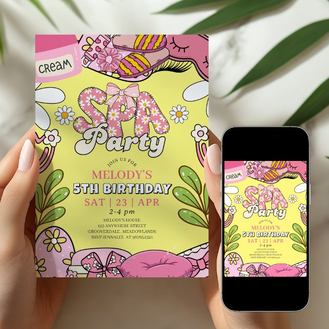 Convites Pink and Yellow Retro Daisy Spa Party Birthday  (Criador carregado)