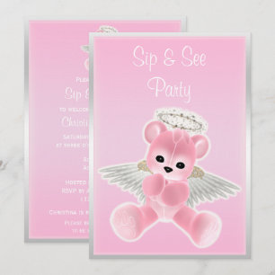 Convites Pink Angel Teddy Bear Sip & See