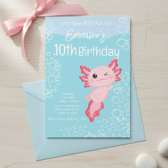 Convites Pink Aqua Axolotl 10th Birthday Party (Criador carregado)
