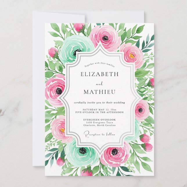 Convites Pink Aqua Ethereal Floral Wedding (Frente)