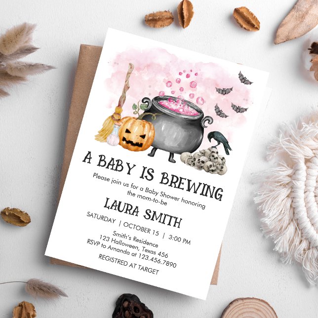 Convites Pink Baby is Brewing Halloween Baby Shower (Pink Baby is Brewing Halloween Baby Shower Invitation)