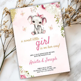 Convites Pink baby shower invitation with a cute elephant 
