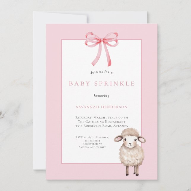 Convites Pink Baby Sprinkle with Bow & Cute Lamb (Frente)