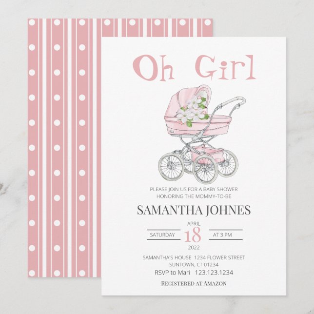 Convites  Pink baby stroller Chá de fraldas Flor   (Frente/Verso)