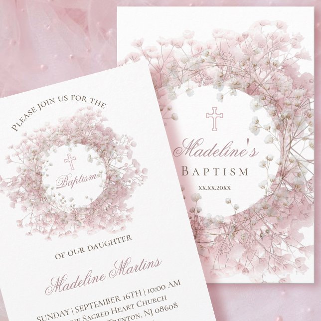 Convites pink baby's breath flowers Baptism (Criador carregado)
