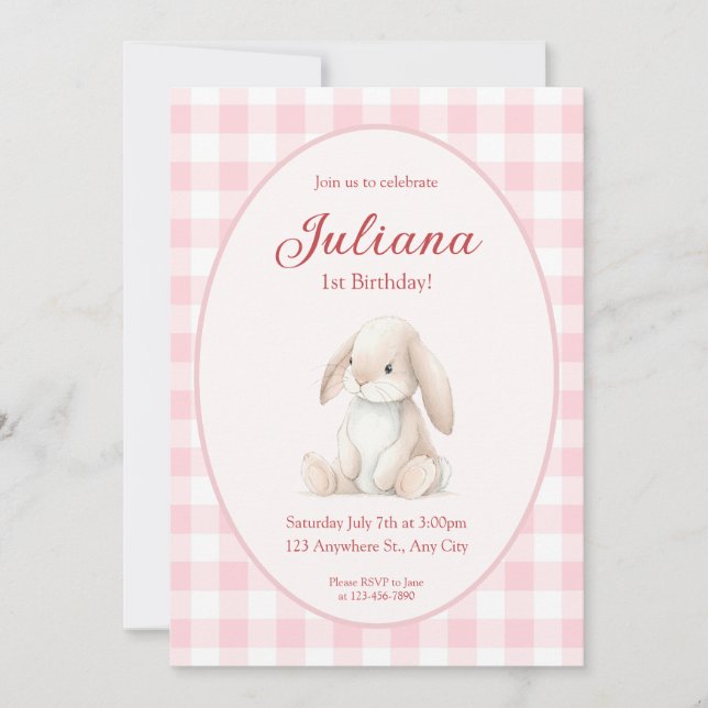 Convites Pink Babys First Birthday Bunny Invitation (Frente)