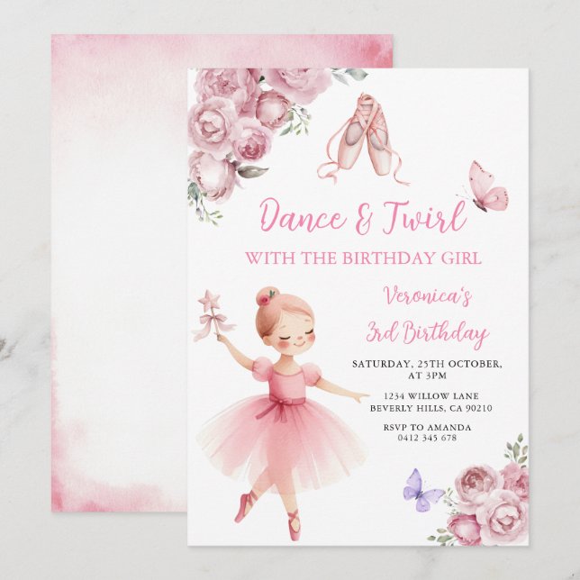 Convites Pink Ballerina Dance & Twirl 3rd Birthday (Frente/Verso)