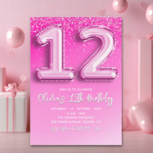 Pink Balloon Numbers 12th Birthday for Girl