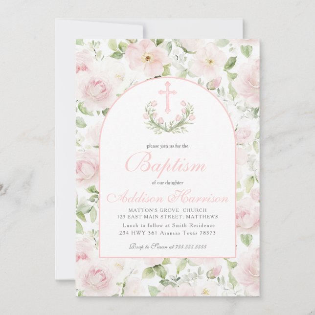 Convites Pink Baptism Invitation, Girl Baptism,  (Frente)