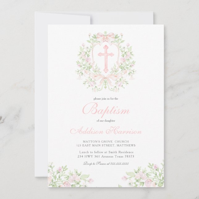 Convites Pink Baptism Invitation, Girl Baptism,  (Frente)