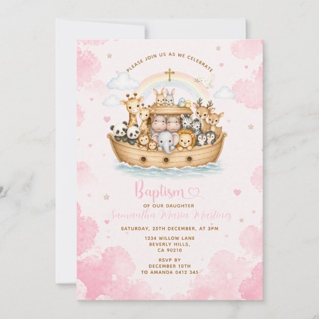 Convites Pink Baptism Noah’s Ark Cloud  (Frente)