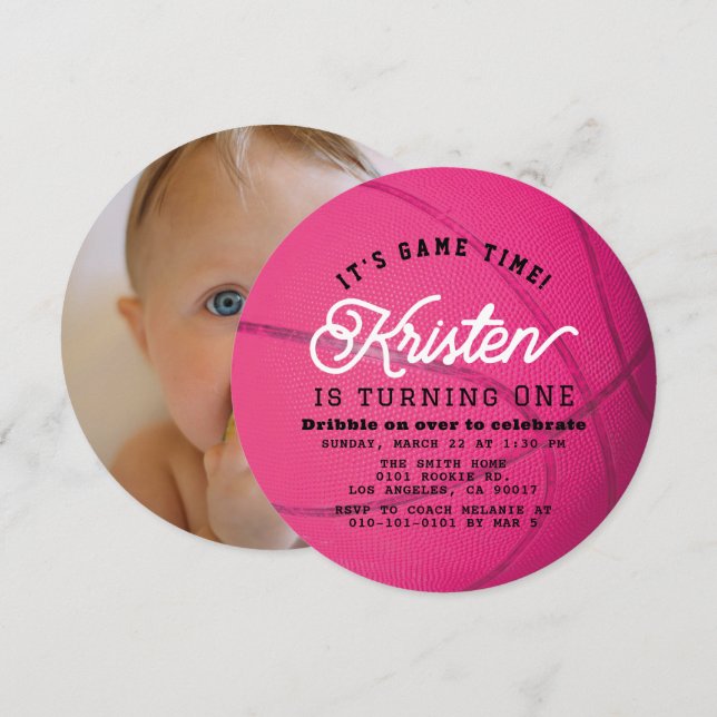 Convites Pink Basketball Girl Photo 1st Birthday Circle (Frente/Verso)