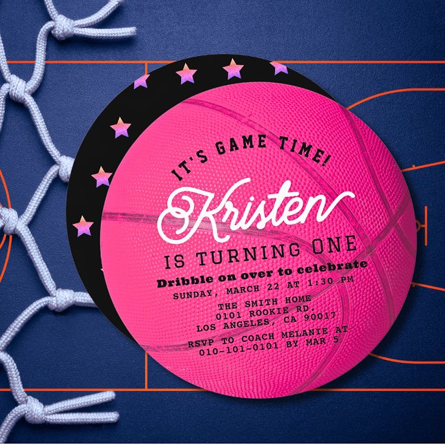 Convites Pink Basketball Shape Girl 1st Birthday Circle (Criador carregado)