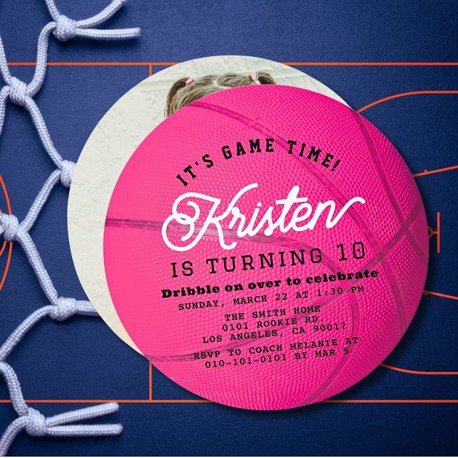Convites Pink Basketball Shape Photo Girl Birthday Circle (Criador carregado)