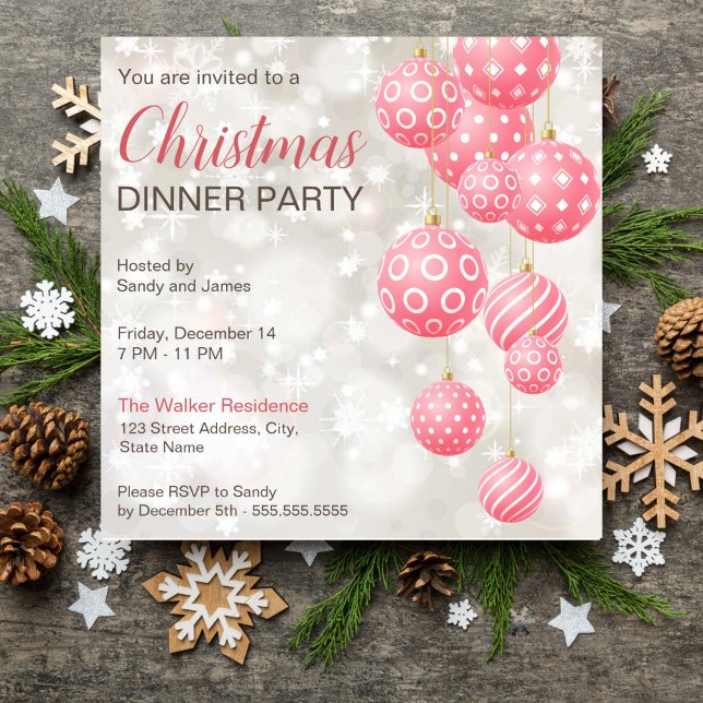 Convites Pink baubles cinza cor fundo (Pink baubles grey pastel colors background Christmas dinner party editable template invitation)