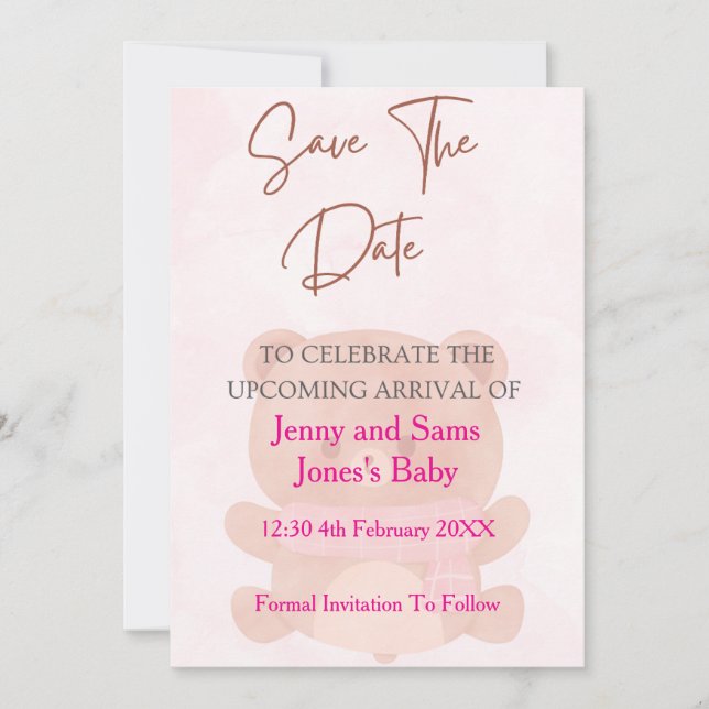 Convites Pink Bear Baby Shower Save the Date Card | Cute &  (Frente)
