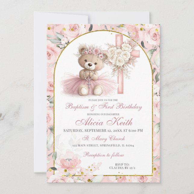 Convites Pink Bear Baptism & First Birthday Invitation (Frente)