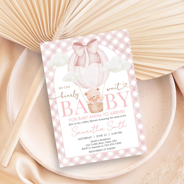 Convites Pink Bear Bearly Wait Baby Shower (Bearly Wait Baby Shower Invitation)