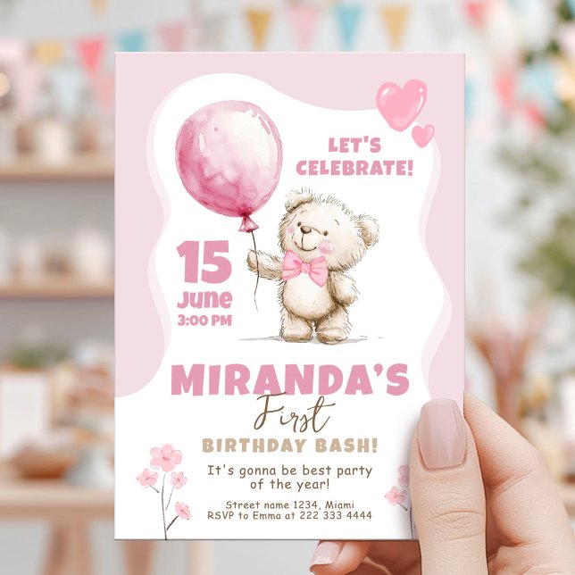 Convites Pink Bear Birthday Bash 1st birthday (Criador carregado)