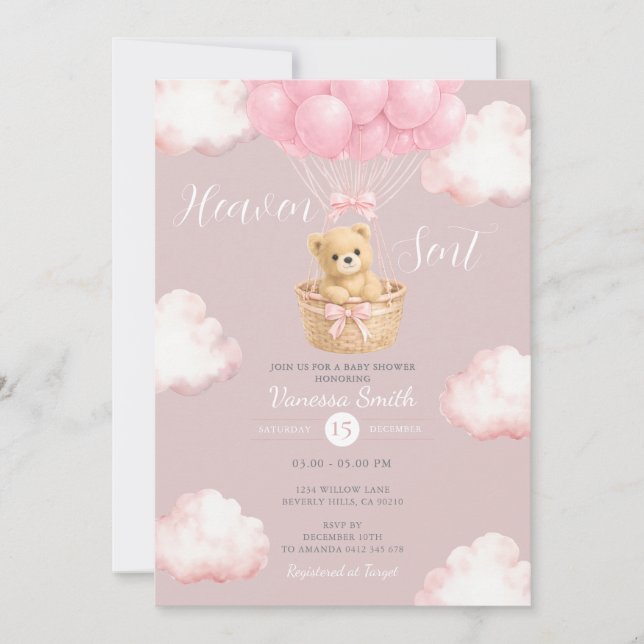 Convites Pink Bear Heaven Sent Balloon Baby Shower Invite (Frente)