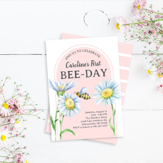 Convites Pink Bee-Day Birthday Invitation with Daisies