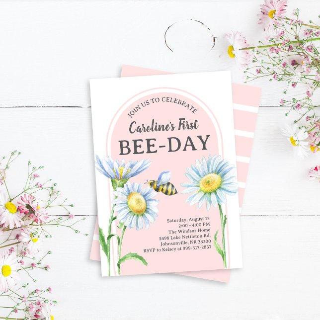 Convites Pink Bee-Day Birthday Invitation with Daisies (Criador carregado)