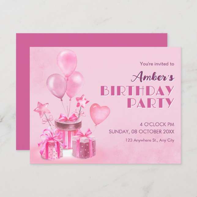 Convites Pink Birthday Party (Frente/Verso)