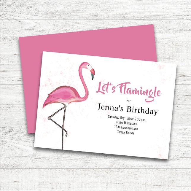 Convites Pink Birthday Party Watercolor Flamingo (Pink Flamingo Custom Birthday Party Invitations.)