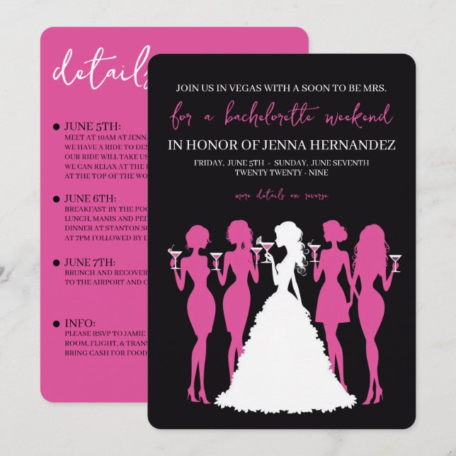 Convites Pink & Black Bachelorette Party (Frente/Verso)