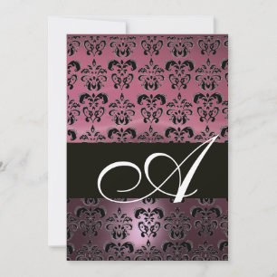 Convites PINK BLACK DAMASK MONOGRAM, branco brilhante