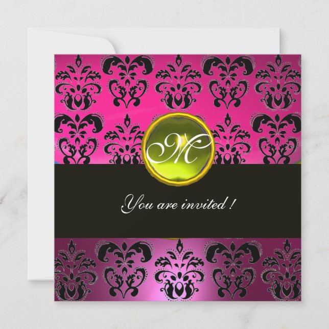 Convites PINK BLACK DAMASK MONOGRAM, topázio amarelo (Frente)
