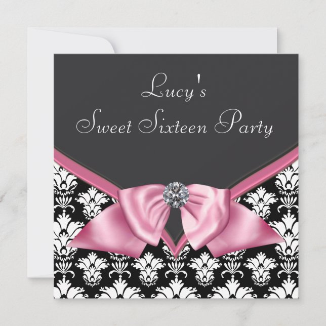 Convites Pink Black Damask Sweet 16 Party (Frente)