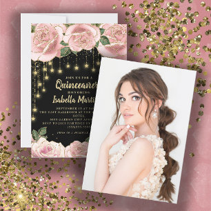 Convites Pink Black Gold String Light Star Quinceañera