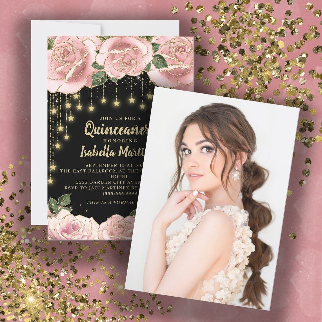 Convites Pink Black Gold String Light Star Quinceañera    (Criador carregado)