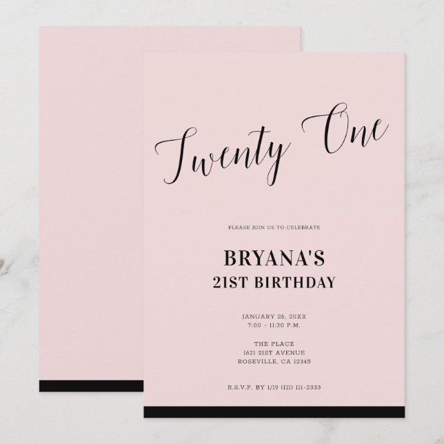 Convites Pink & Black Modern Minimal Script 21 Vinte e Um (Frente/Verso)