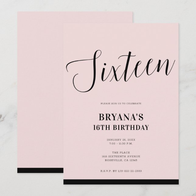 Convites Pink & Black Modern Minimal Script Sweet 16  (Frente/Verso)