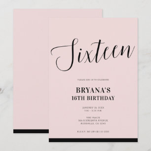Convites Pink & Black Modern Minimal Script Sweet 16 