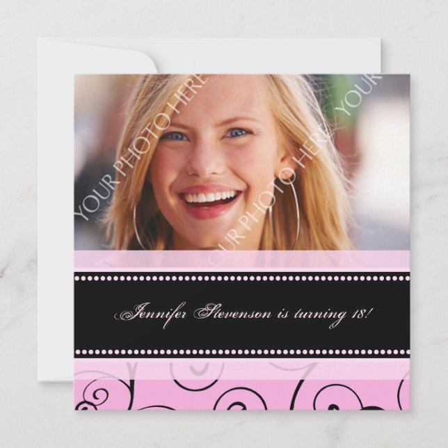 Convites Pink Black Photo 18th Birthday Party Invitations (Frente)