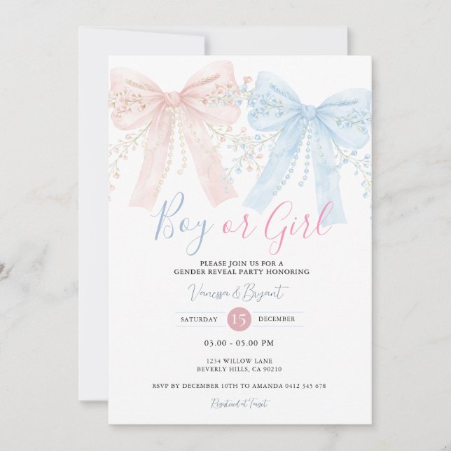 Convites Pink & Blue Bow Watercolor Reveal Party (Frente)